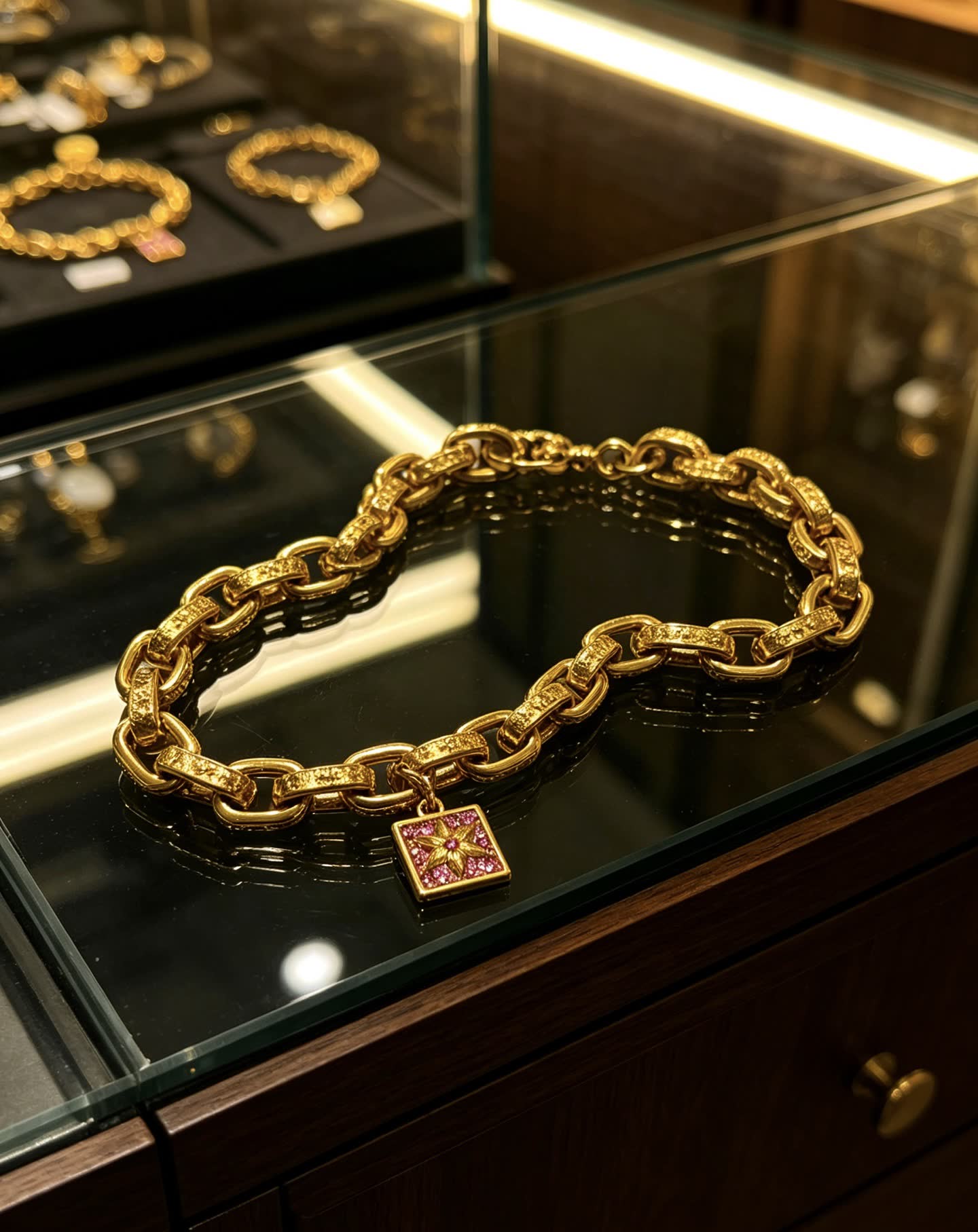 Chrome Hearts Gold Tone Bracelet with Pink Crystal Charm